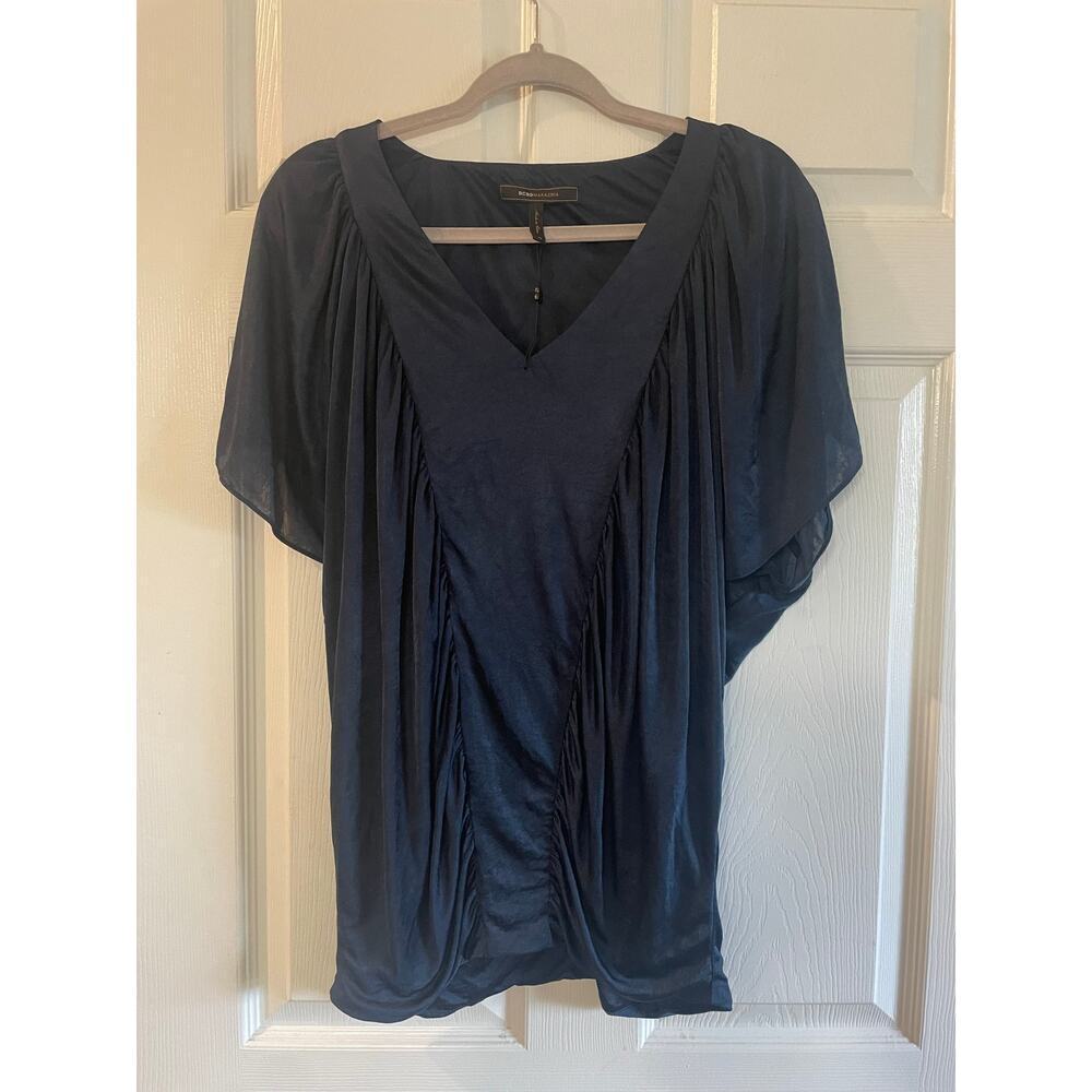 BCBGMaxAzria Navy V-Neck Draped Blouse